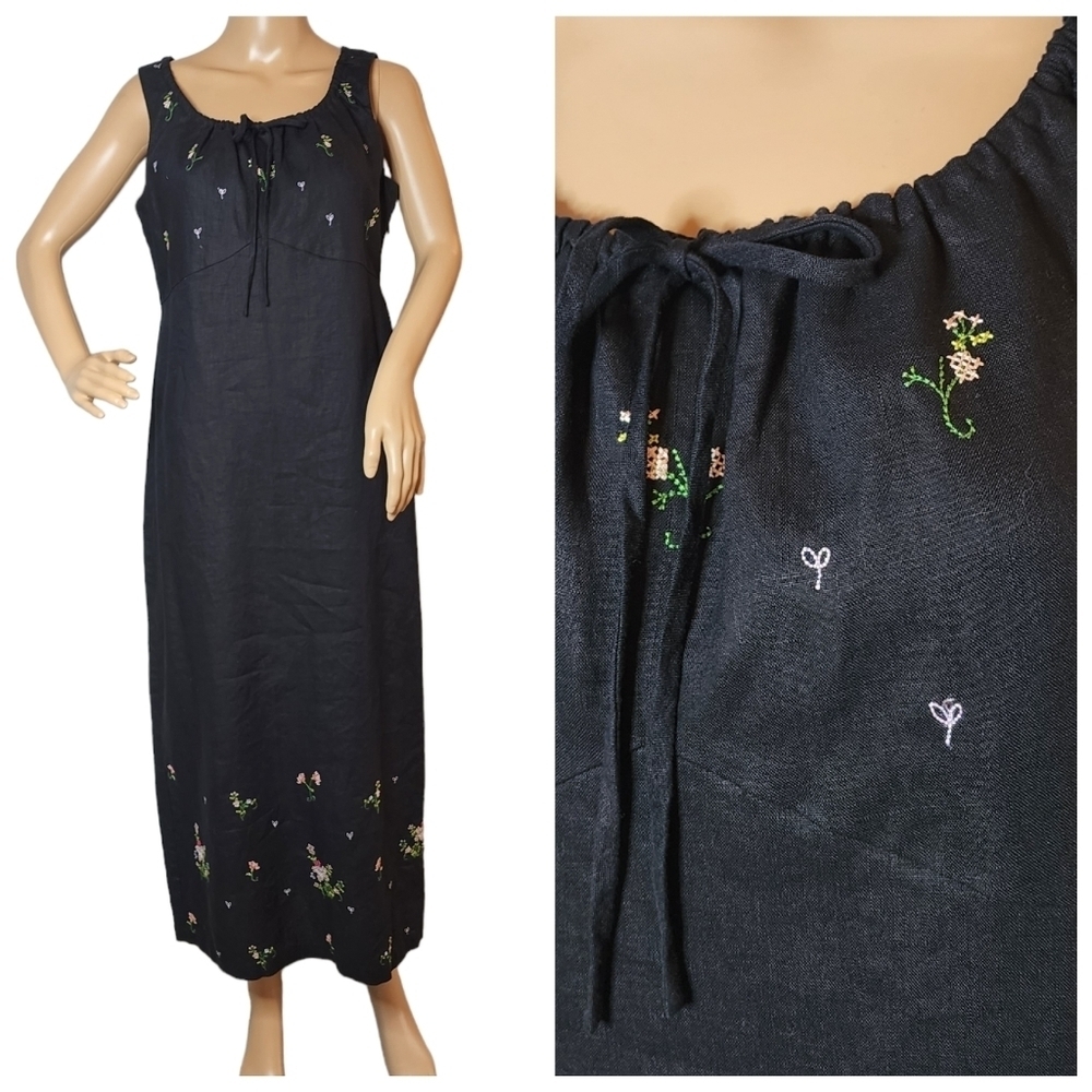 100% Linen Black Floral Embroidered Babydoll Maxi Dress Size 14P Carole Little